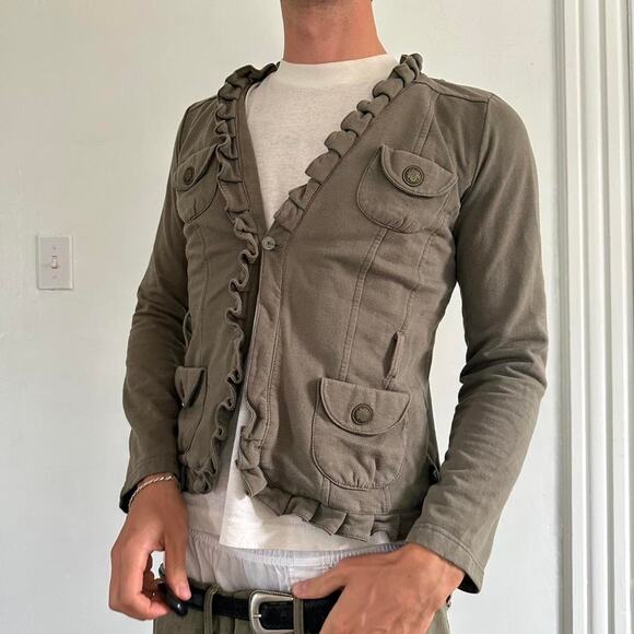 Vintage Y2K LA Kitty Ruffled Mini Blazer Cotton Green Jacket - Picture 1 of 8